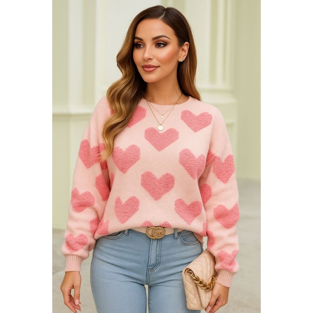 Fuzzy Knit Heart Valentine's Classic Round Neck Pullover Long Sleeve Sweater S